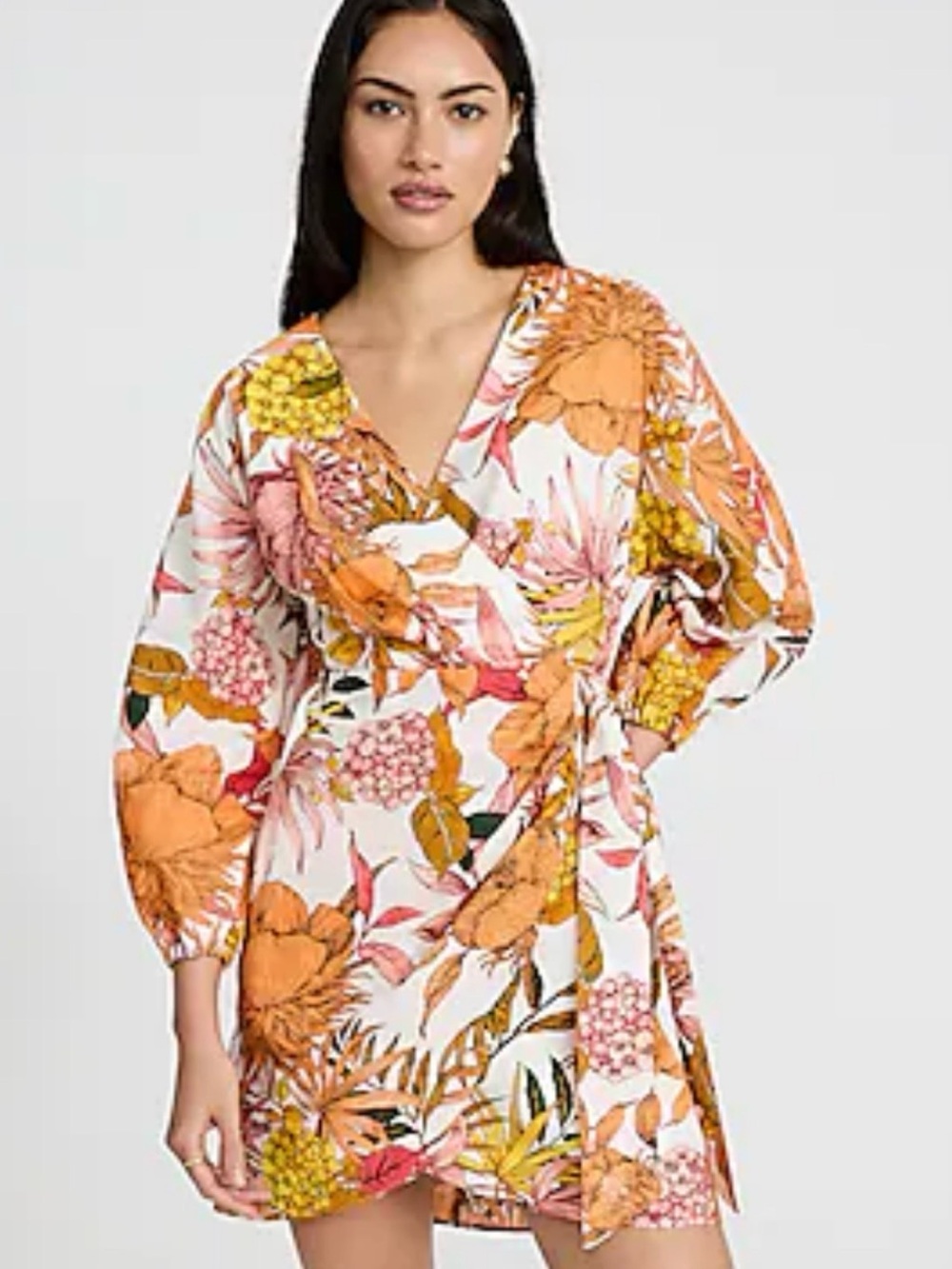 Express White Floral Wrap Mini Dress with Orange and Yellow Blooms